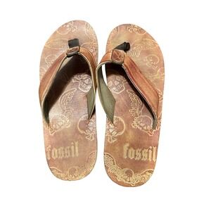 Fossil Mens Leather Flip Flops Brown Skull Wings Embossed Thong Sandals‎ Rugged